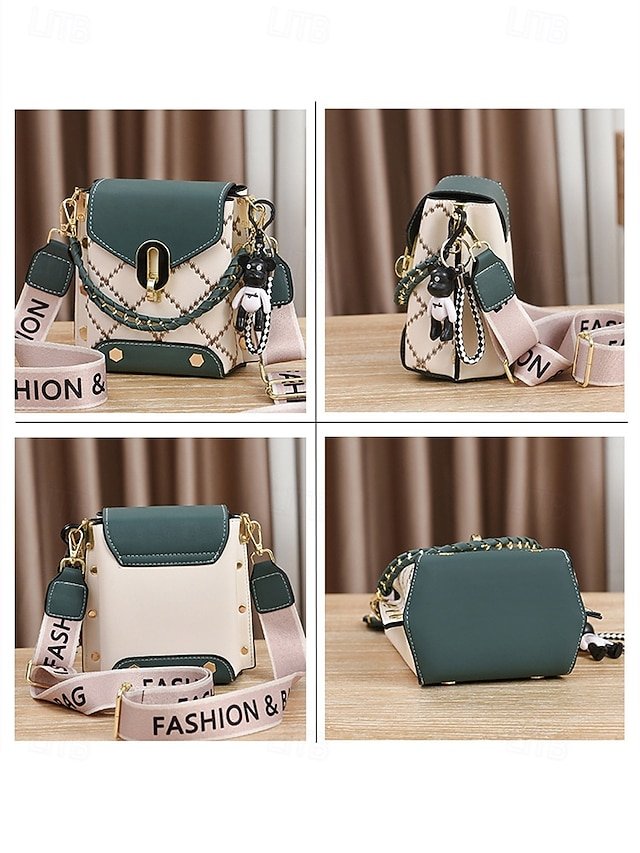 Women’s Trendy Plaid Mini Shoulder Bag with Bear Charm - Image 6