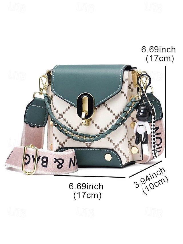 Women’s Trendy Plaid Mini Shoulder Bag with Bear Charm - Image 8