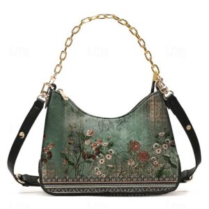 Women’s Vintage Floral Print Shoulder Bag with Gold Chain