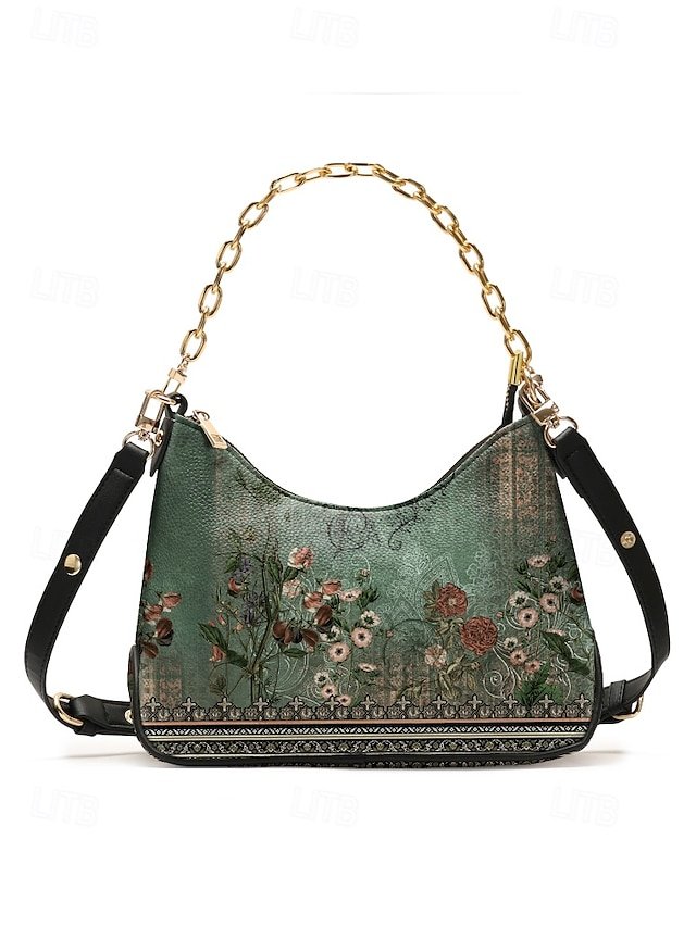 Women’s Vintage Floral Print Shoulder Bag with Gold Chain