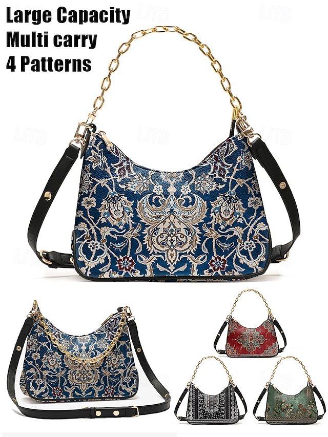 Women’s Vintage Floral Print Shoulder Bag with Gold Chain - Image 2