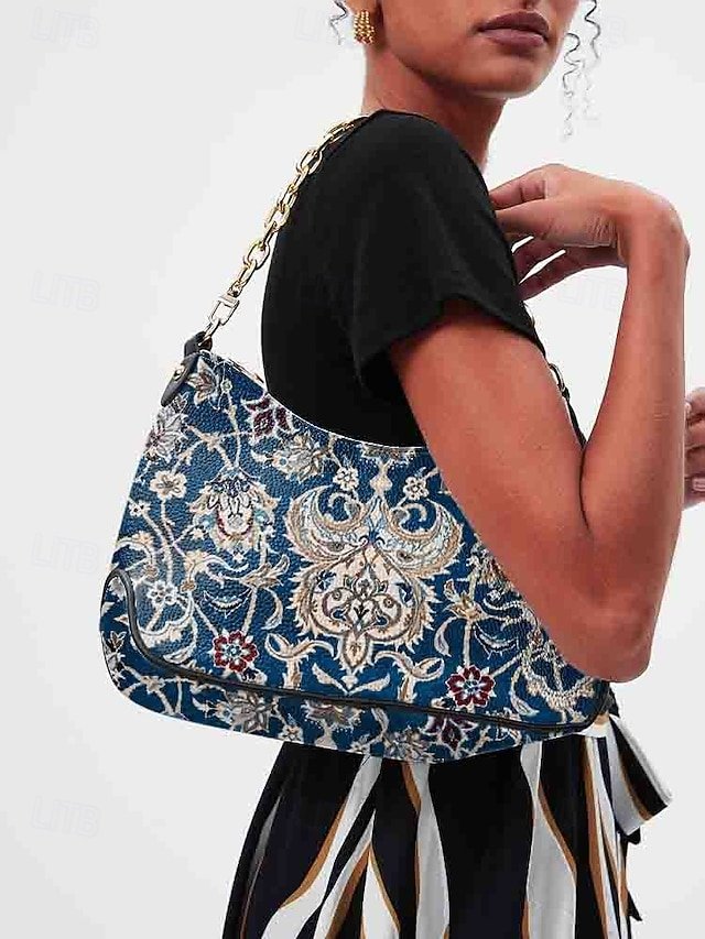 Women’s Vintage Floral Print Shoulder Bag with Gold Chain - Image 4