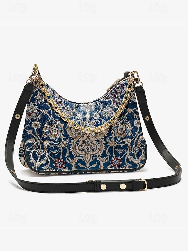 Women’s Vintage Floral Print Shoulder Bag with Gold Chain - Image 6