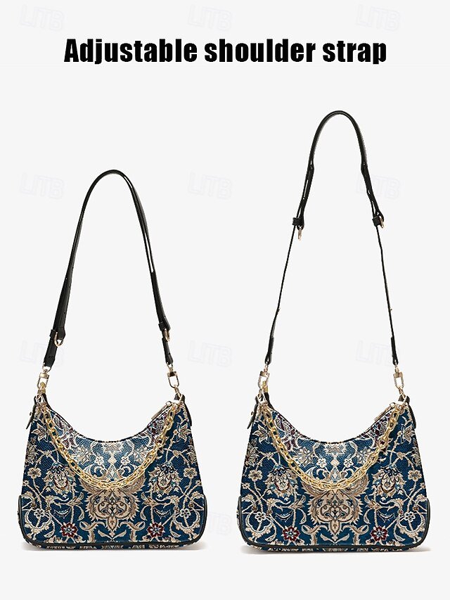 Women’s Vintage Floral Print Shoulder Bag with Gold Chain - Image 7