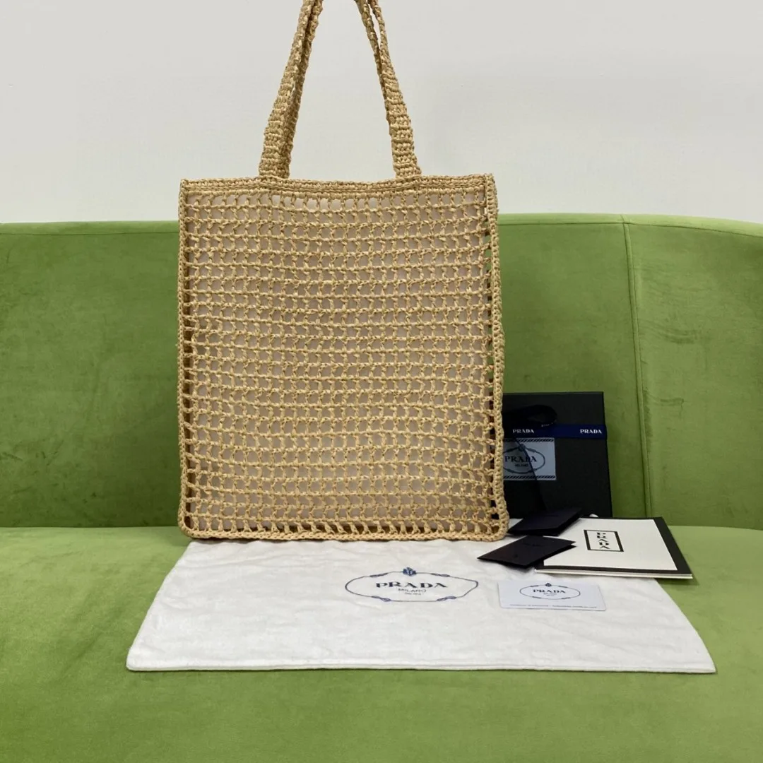 Prada Raffia Tote Bag Beige - Image 3