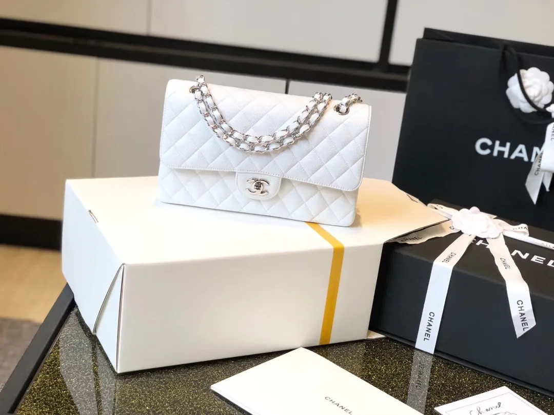 Chanel Classic Flap Bag Medium Crossbody / White Silver Hardware - Image 3