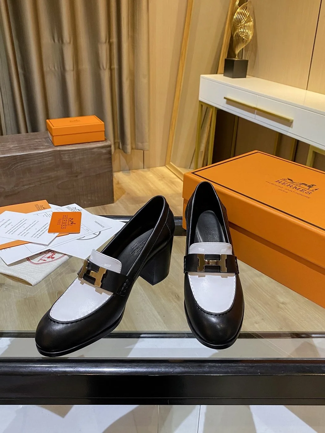 Hermes Dauphine 70 Loafers Black/ White - Image 3