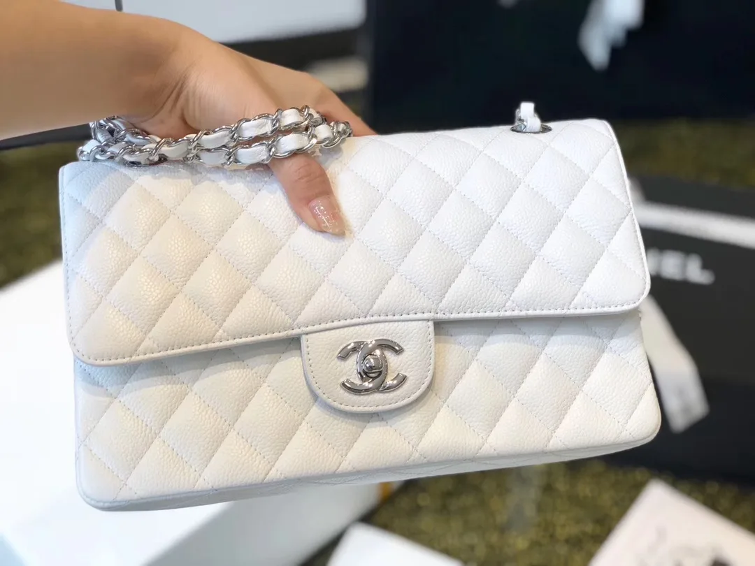 Chanel Classic Flap Bag Medium Crossbody / White Silver Hardware - Image 6