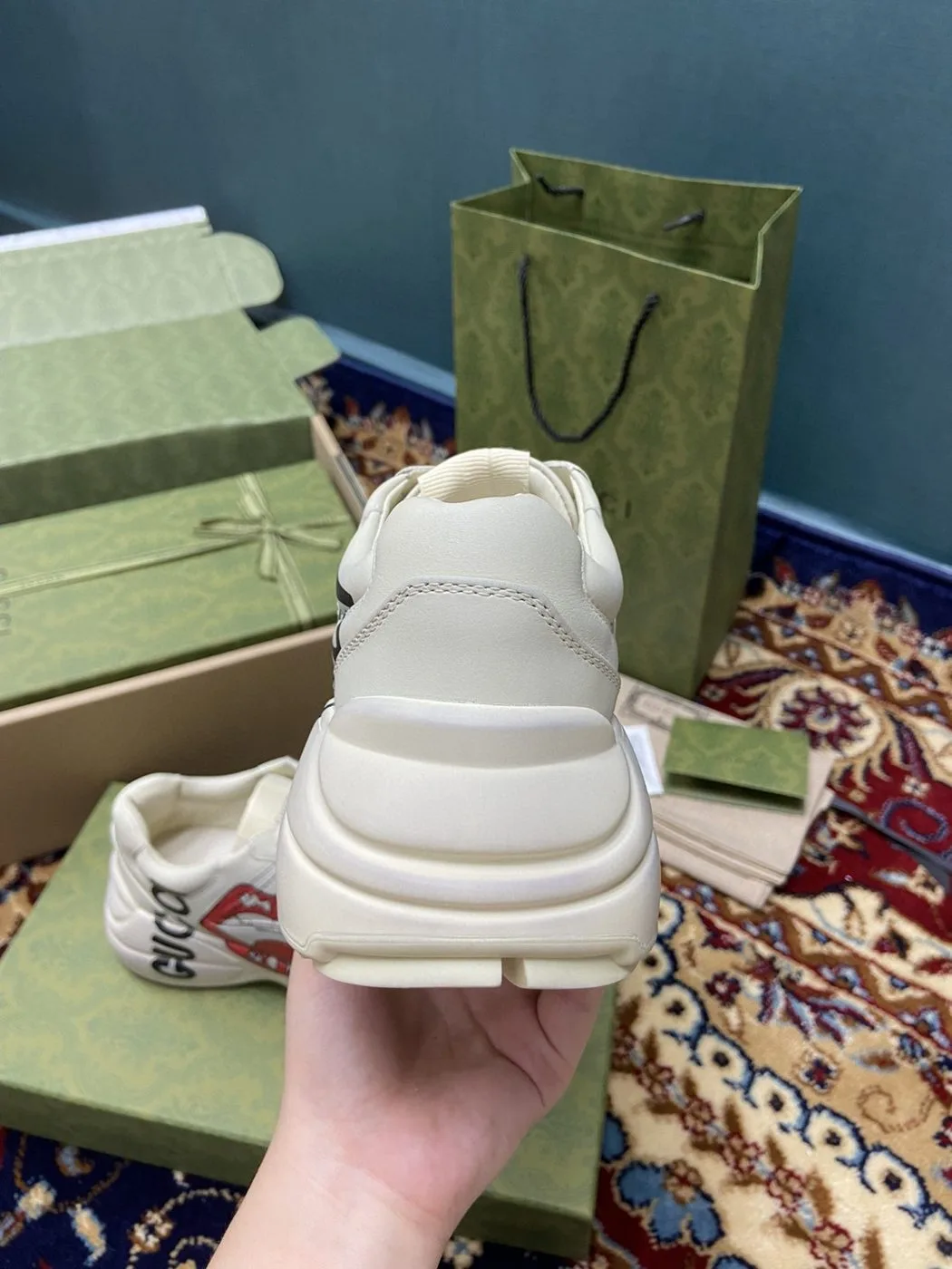 Gucci Men’s Rhyton Sneakers With Mouth Print White Ivory - Image 3