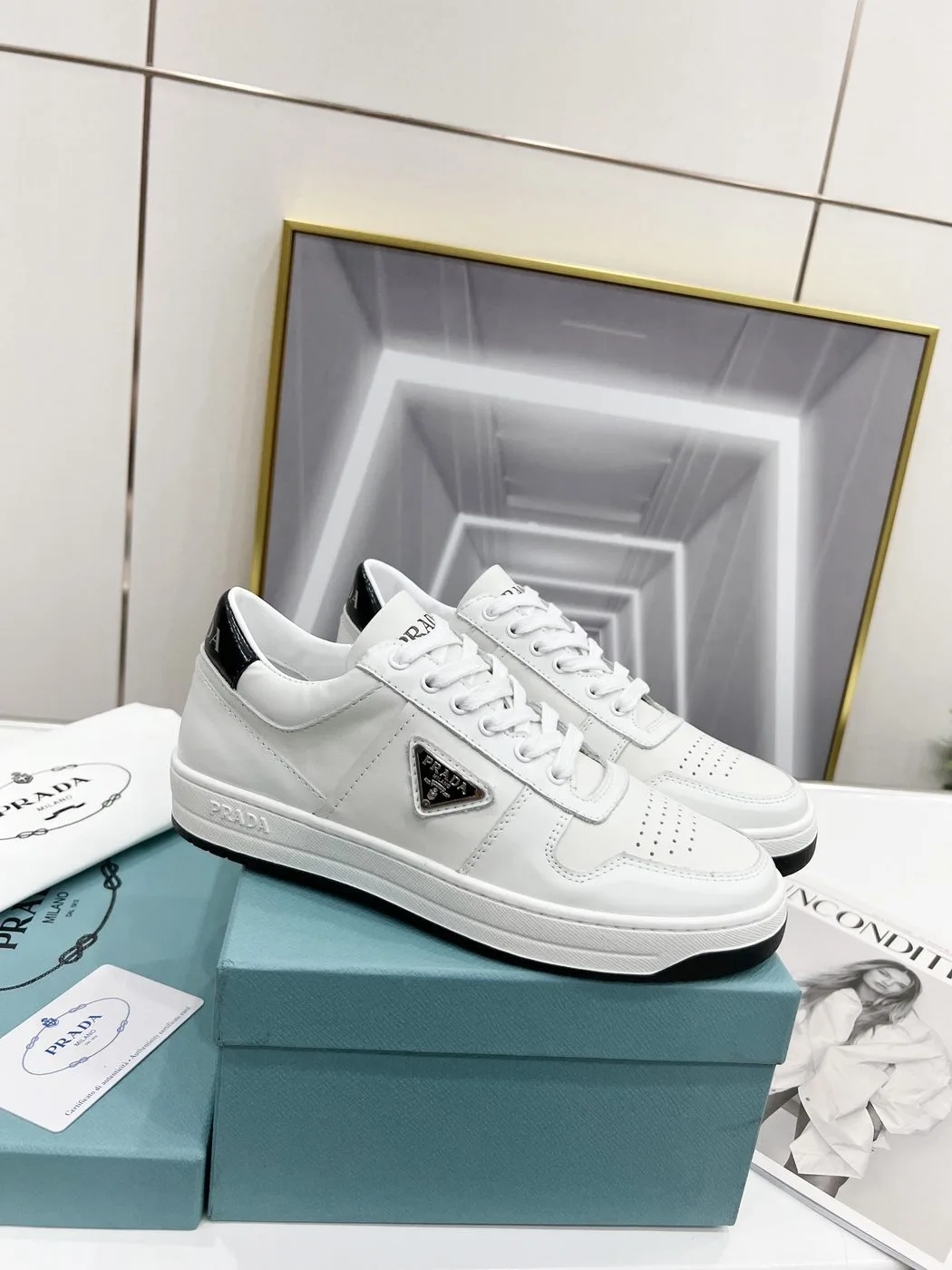 Prada Downtown Perforated Sneakers White/Black / - Image 6