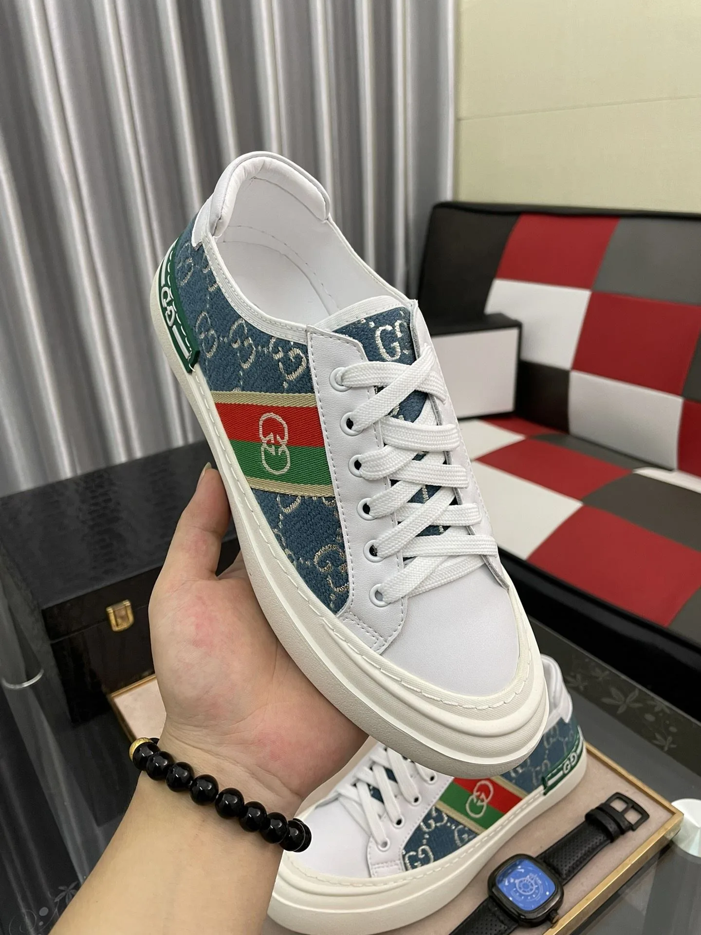 Gucci Men’s GG Embroidery Sneaker With Web White And Blue - Image 4