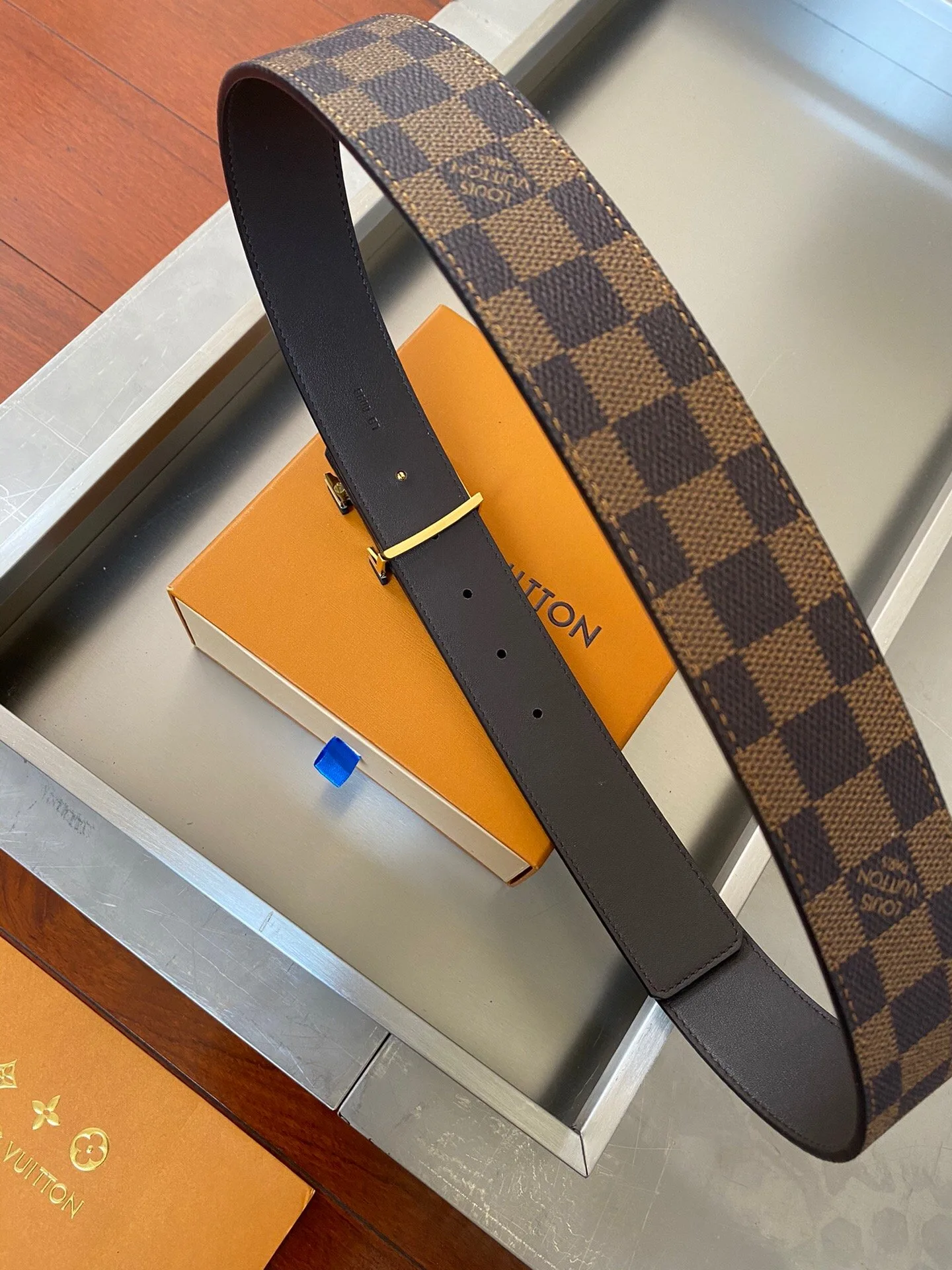 Louis Vuitton Initiales Reversible LV Belt with Damier Ebene Canvas Gold Toned Hardware - Image 2
