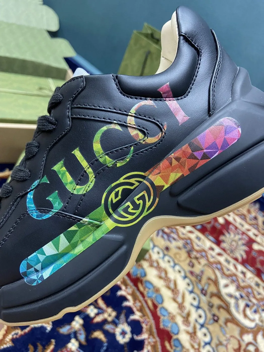 Gucci Men’s Rhyton Sneakers With Iridescent Logo Black - Image 3