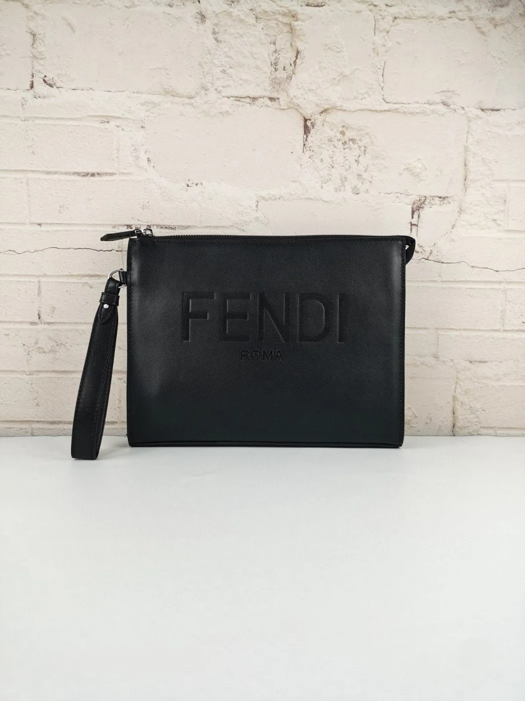 Fendi Flat Pouch Black Fabric Pouch Grey Stripes / FF - Image 10