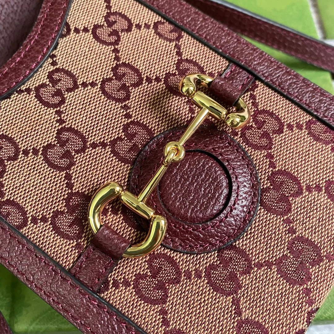 Gucci Horsebit 1955 Mini Bag Beige And Burgundy GG Supreme Canvas / GG - Image 4