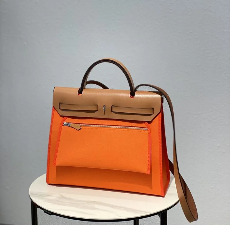 Hermes Herbag Zip Bag Orange, Silver Toned Hardware Bag - Image 6