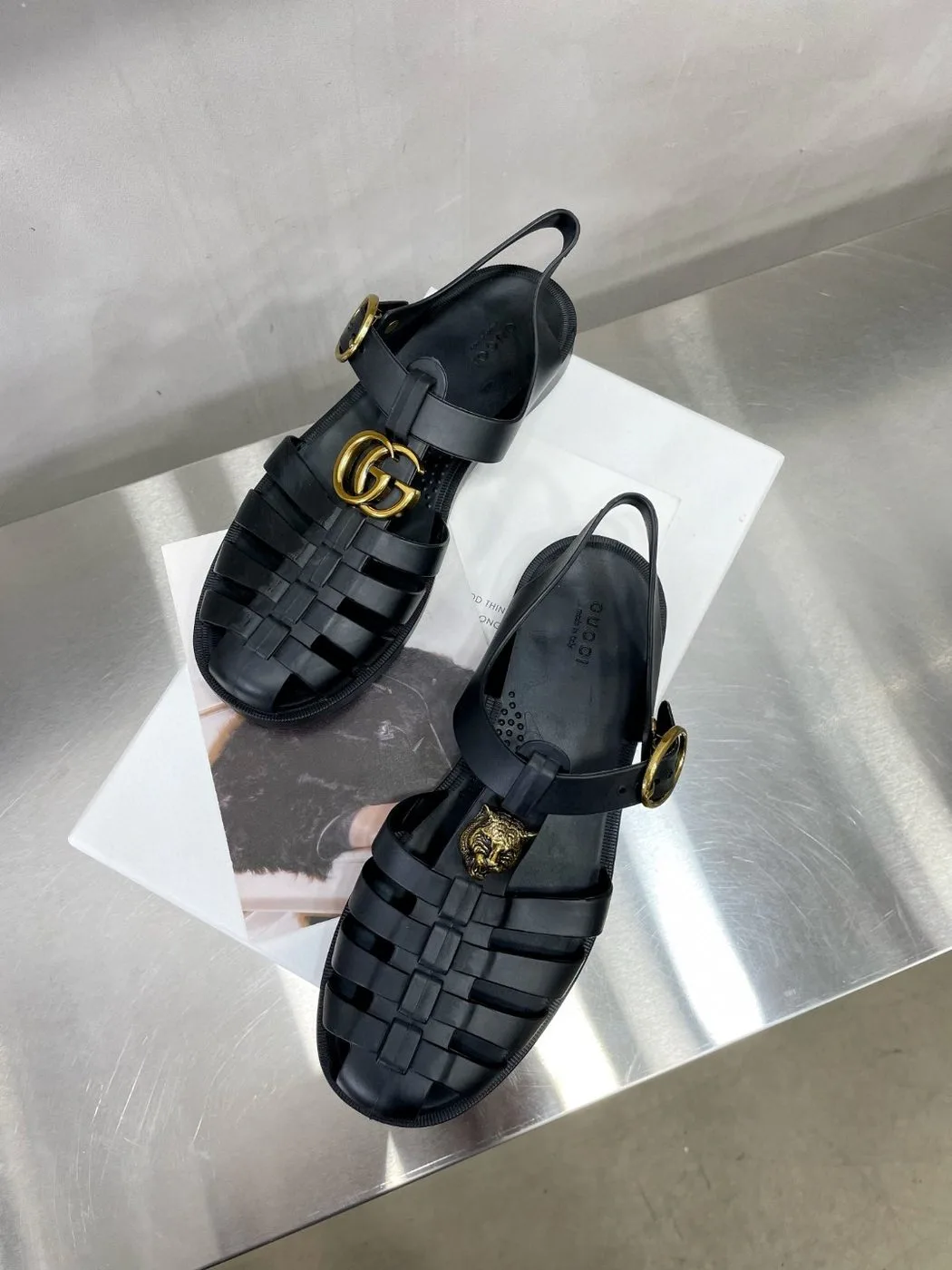 Gucci Women’s Rubber Buckle Strap Sandal Black - Image 3