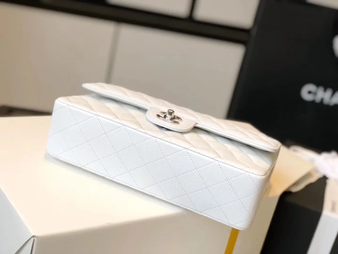 Chanel Classic Flap Bag Medium Crossbody / White Silver Hardware - Image 8