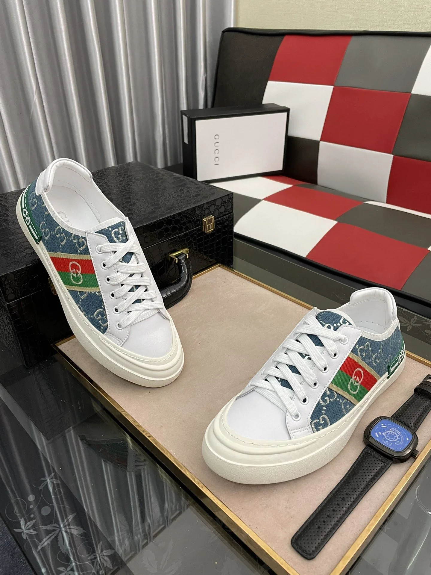Gucci Men’s GG Embroidery Sneaker With Web White And Blue - Image 6