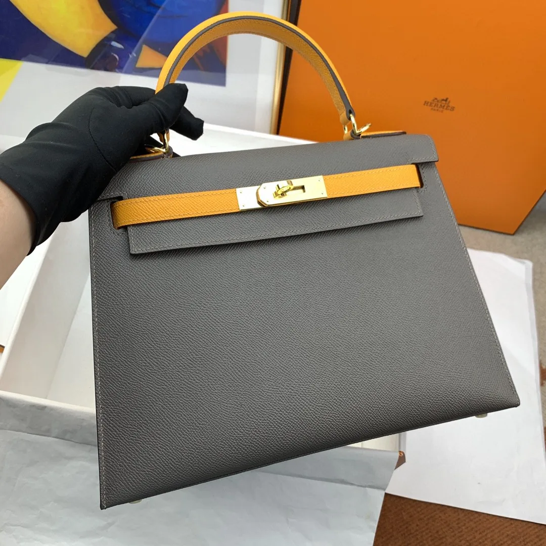 Hermes Kelly 28 Sellier Epsom Dark Grey/Yellow Bag - Image 4
