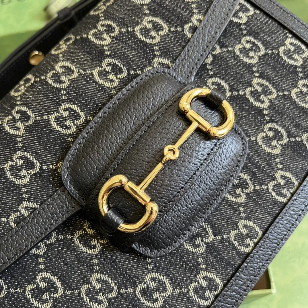 Alternative view of Gucci Horsebit 1955 Shoulder Bag Black And Ivory GG Denim Jacquard /