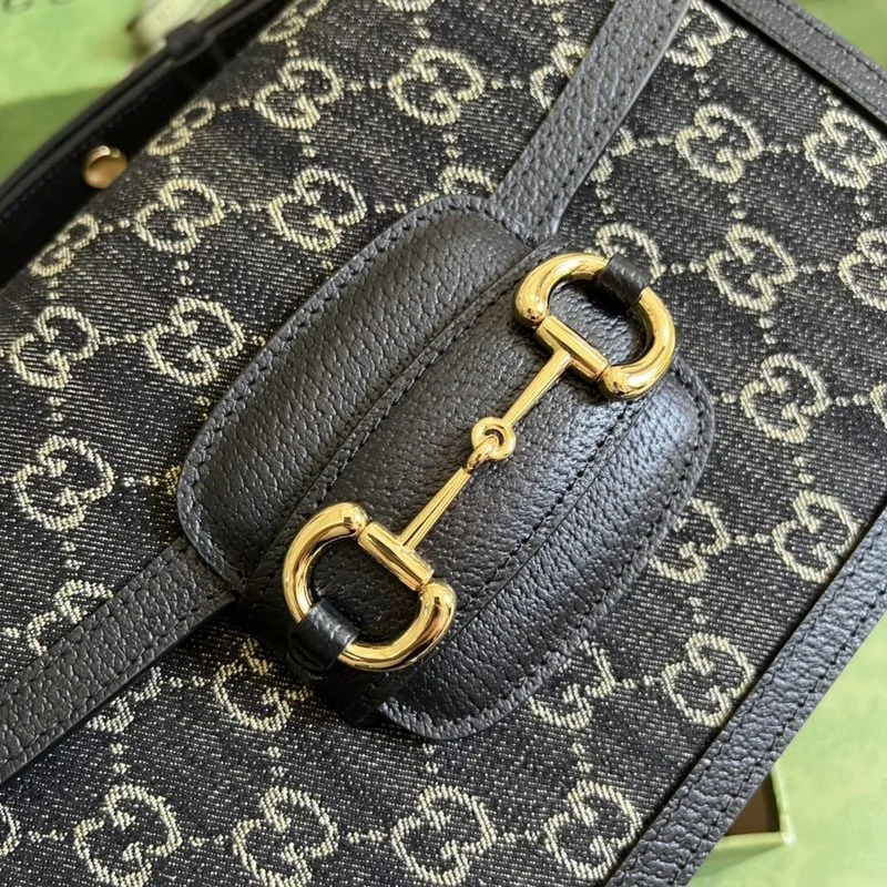 Gucci Horsebit 1955 Shoulder Bag / Black And Ivory GG Denim Jacquard Gold Hardware - Image 7