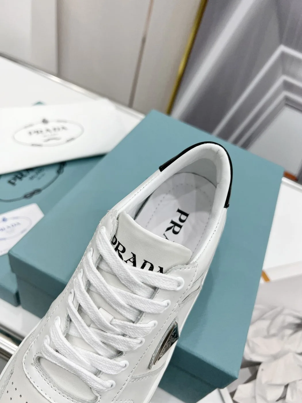 Prada Downtown Perforated Sneakers White/Black / - Image 8