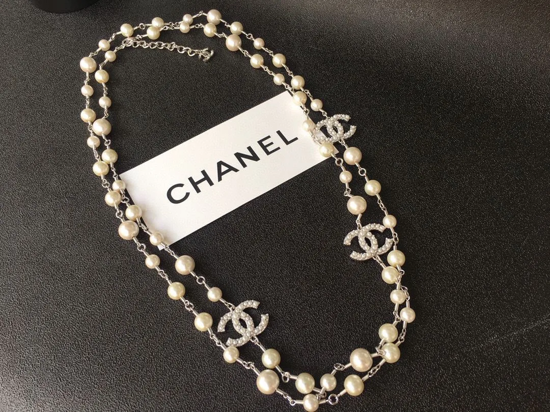 Chanel Double-CC Pearl Long Necklace Silver Hardware - Image 3