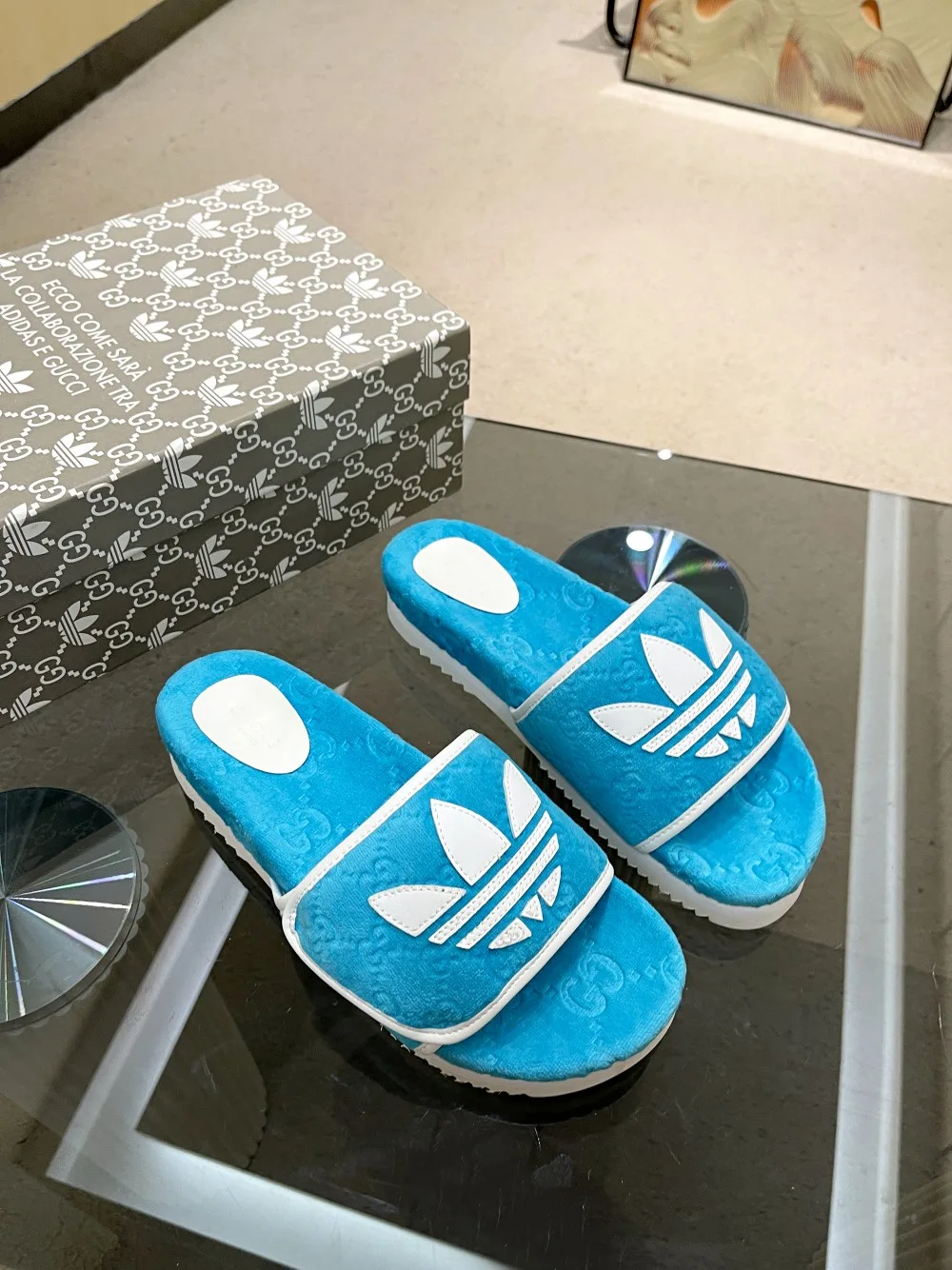 Gucci x Adidas Women’s GG Platform Sandal Light Blue