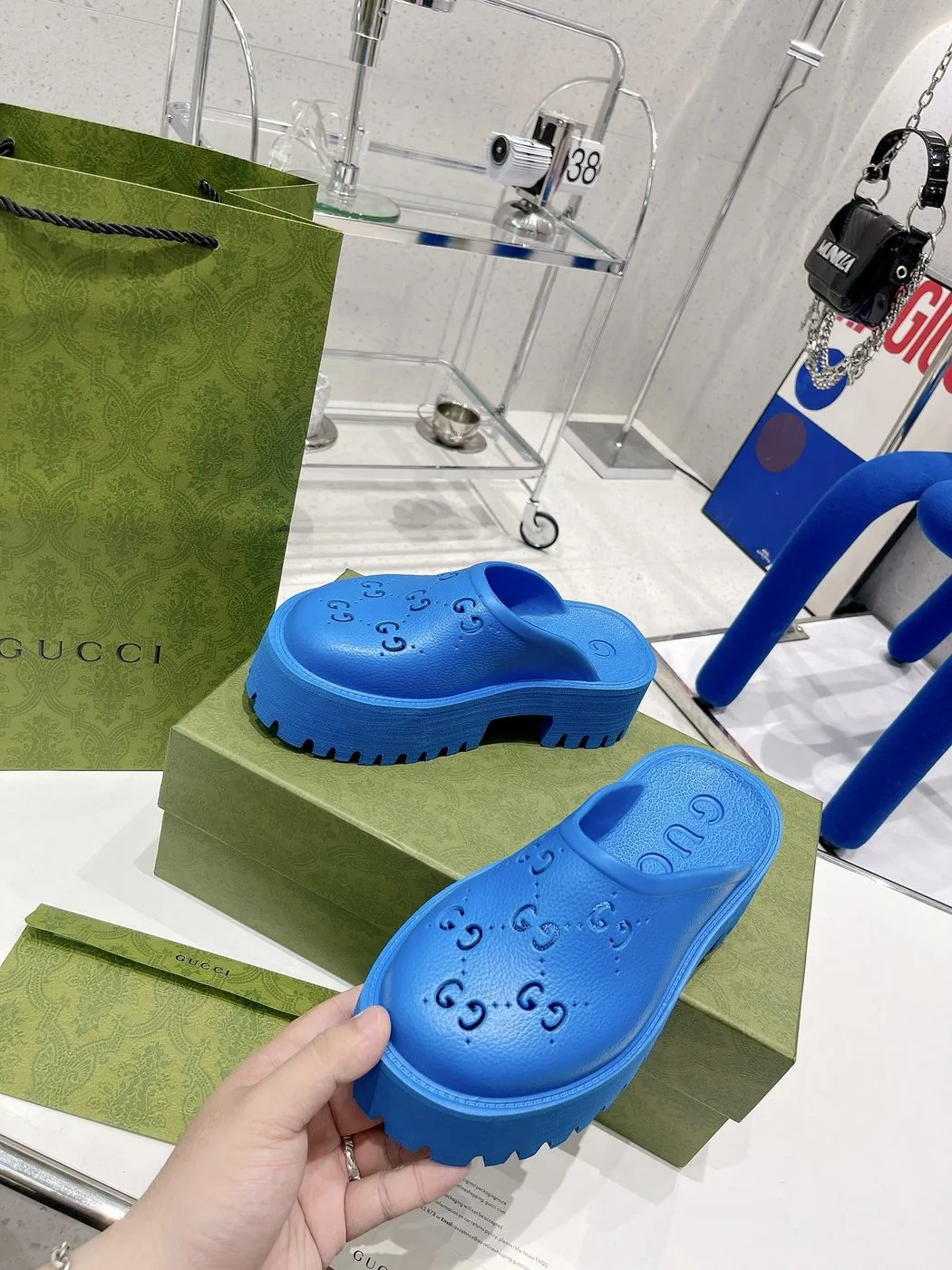 Gucci Women’s Platform Perforated G Sandal Light Blue - Image 5