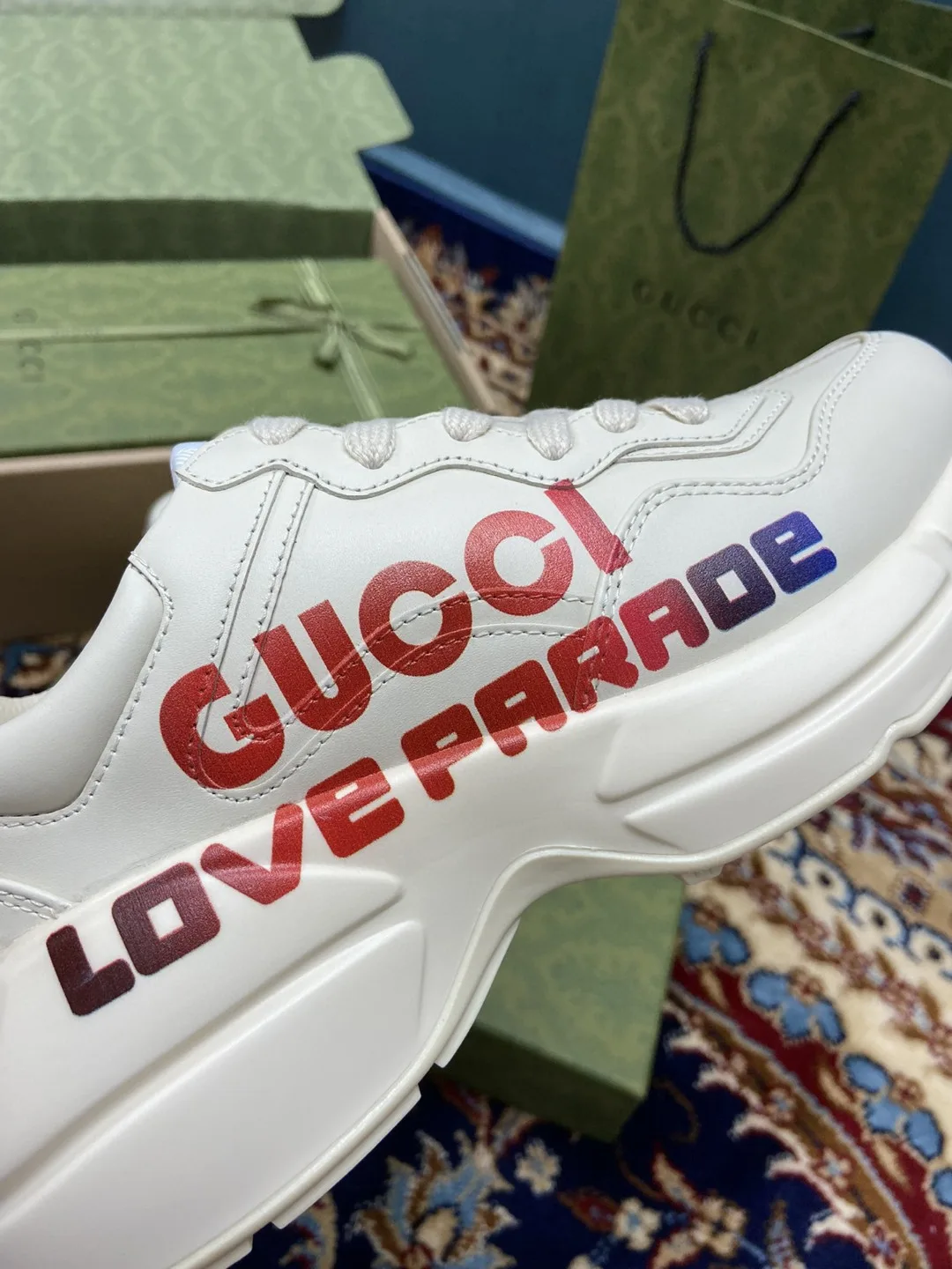 Gucci Men’s Rhyton Sneakers With Gucci Love Parade Red White Ivory - Image 8