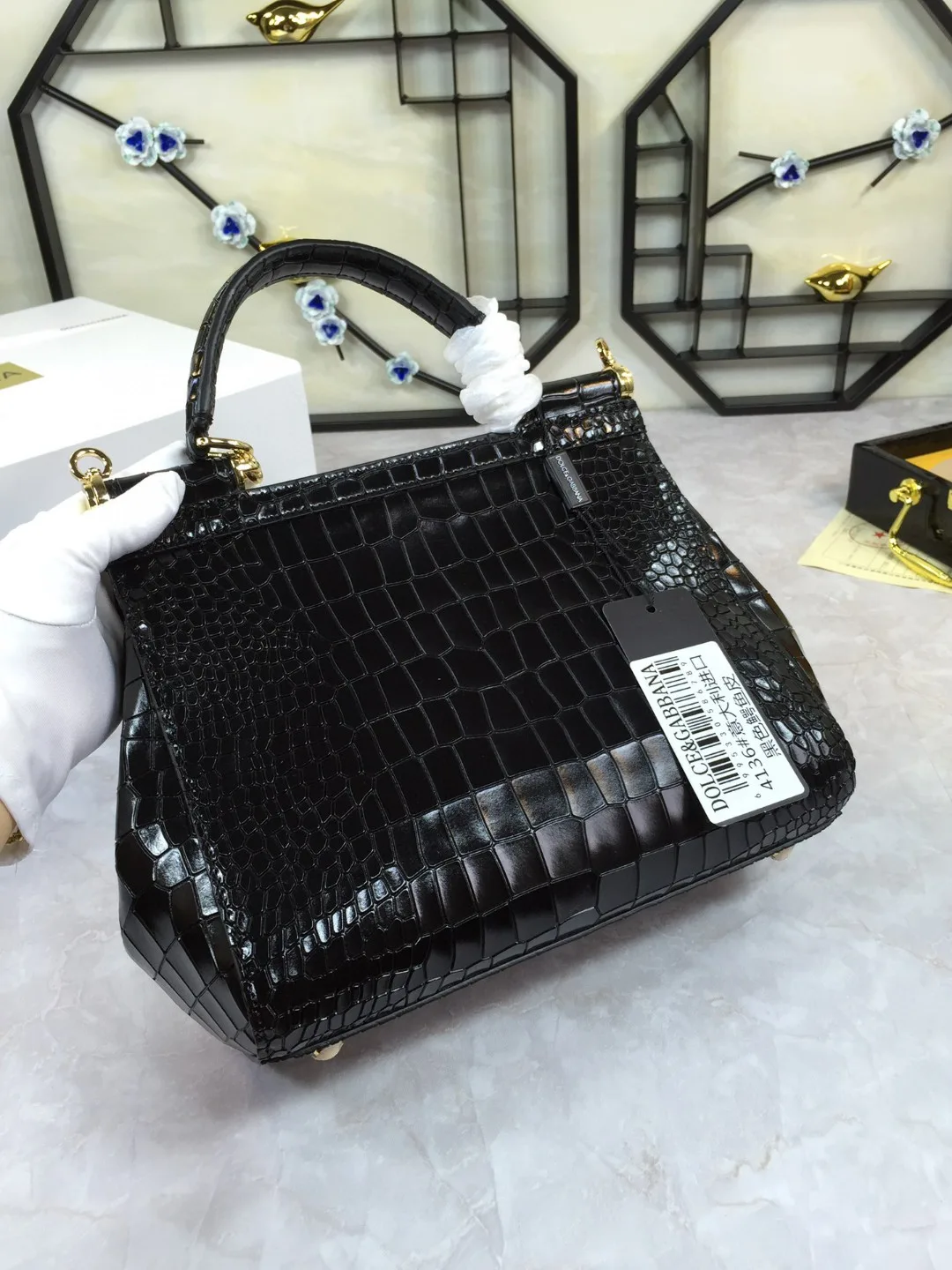 Dolce & Gabbana Medium Sicily Bag In Foiled Crocodile-Print Black / DG - Image 3