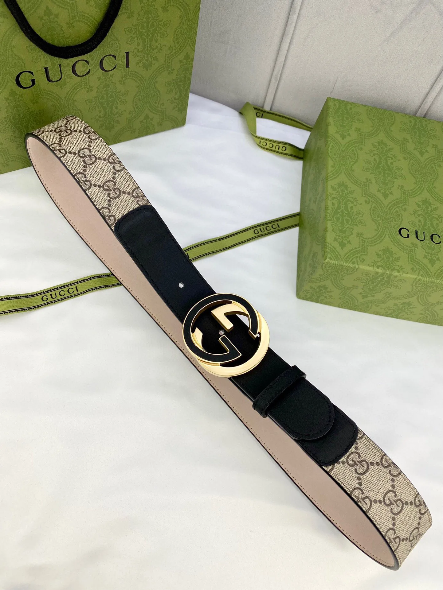 Gucci GG Supreme Belt With Interlocking G Buckle Beige/Ebony GG Supreme And Black - Image 3