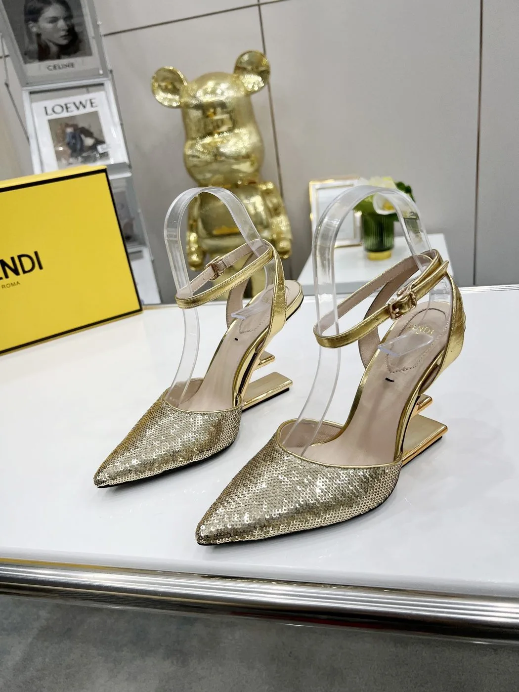 Fendi First Gold Glitter High-Heeled Slingbacks - Image 3