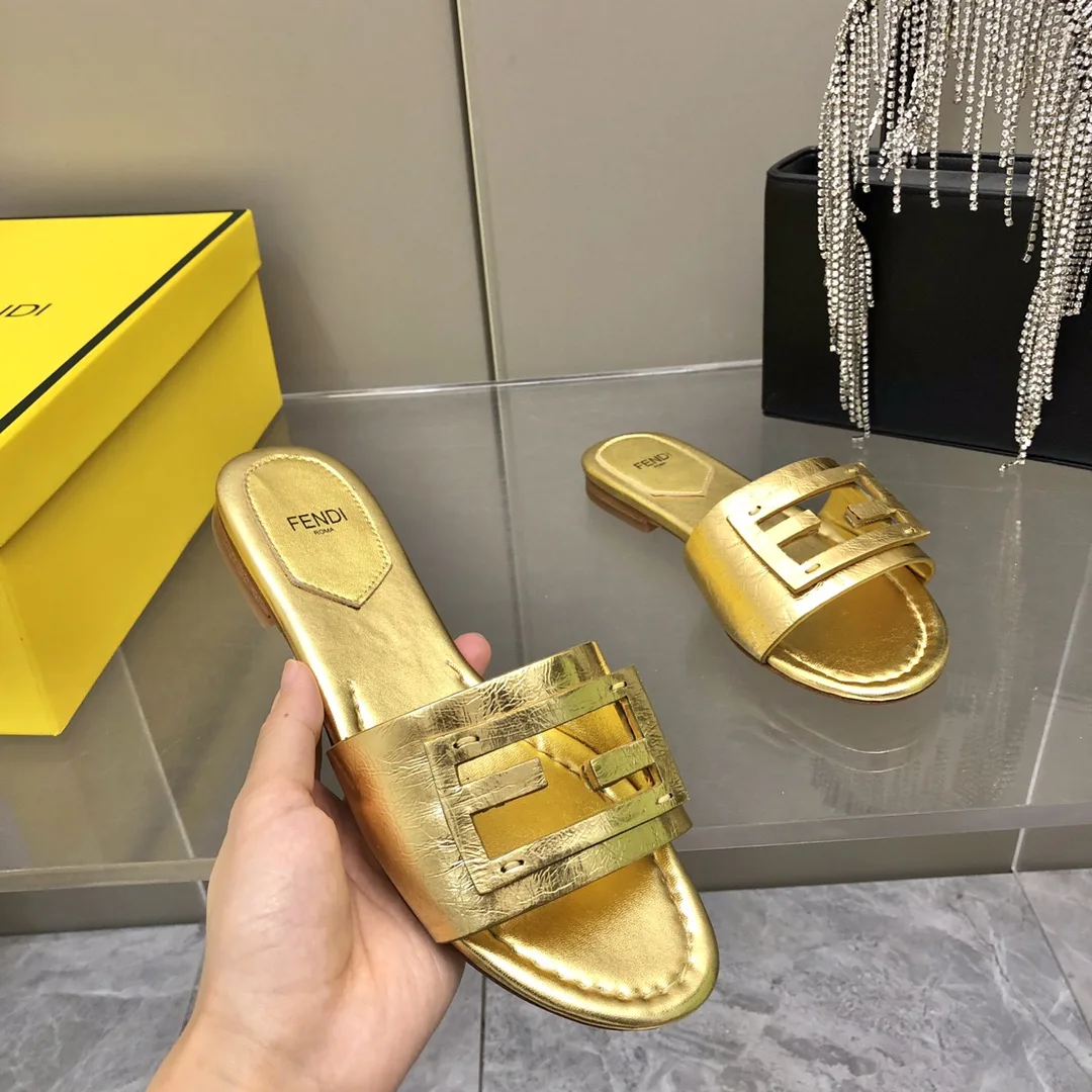 Fendi Baguette Gold Nappa Slides 8R8136AI16F0XV6 - Image 4