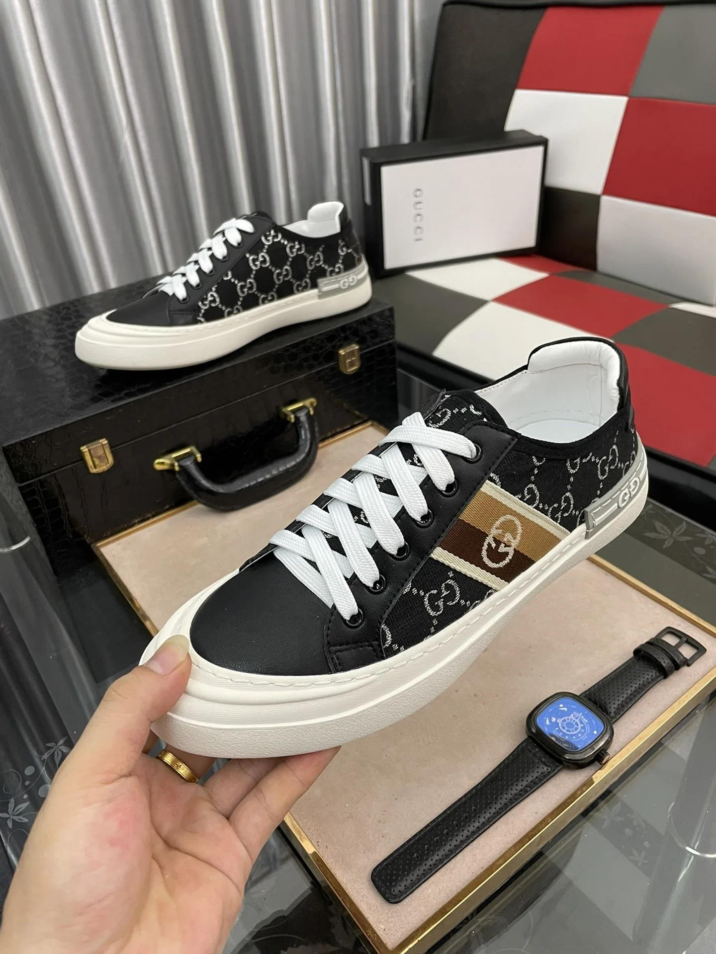 Gucci Men’s GG Embroidery Sneaker With Web Black - Image 8