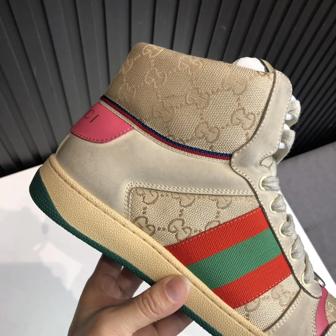 Gucci Men’s Screener GG Distressed High Top Off-White Pink - Image 8