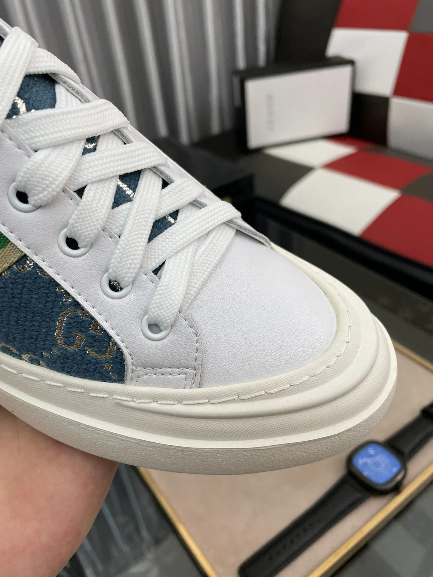 Gucci Men’s GG Embroidery Sneaker With Web White And Blue - Image 9