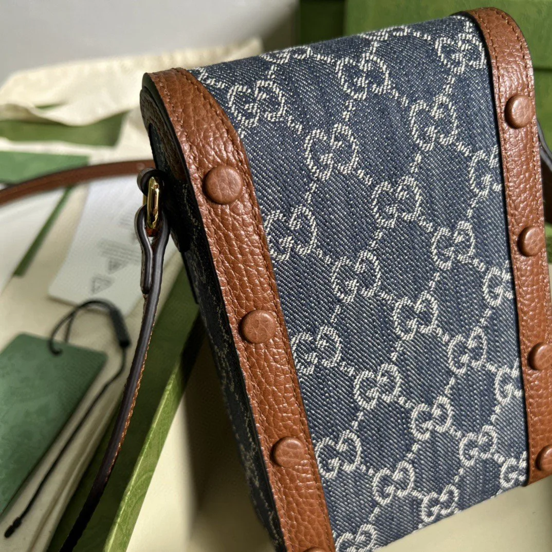 Gucci Horsebit 1955 Mini Bag Blue And Ivory GG Denim Jacquard / - Image 7