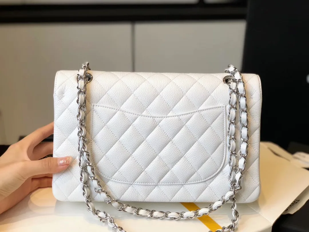 Chanel Classic Flap Bag Medium Crossbody / White Silver Hardware - Image 9