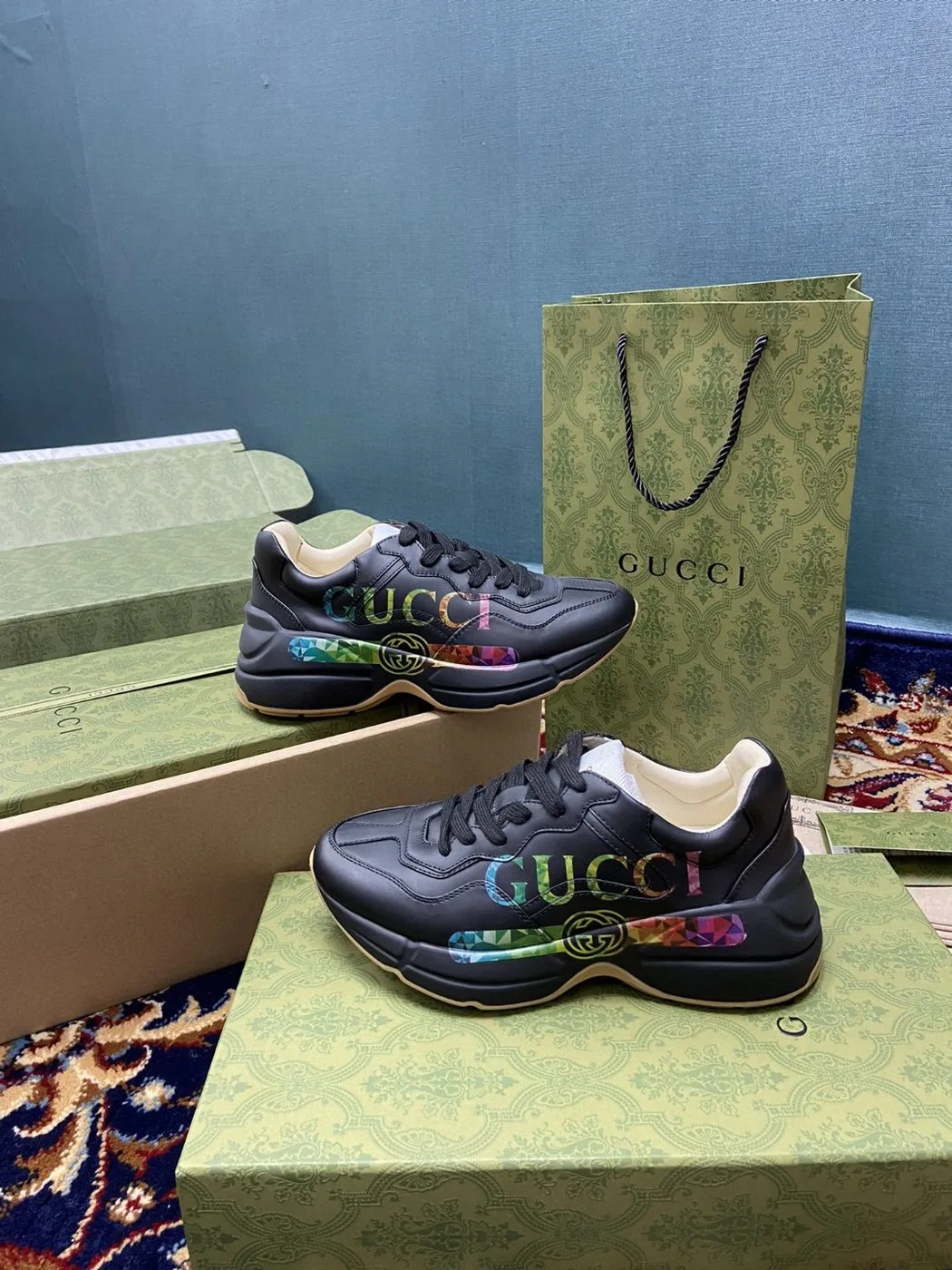 Alternative view of Gucci Men’s Rhyton Sneakers With Iridescent Logo Black