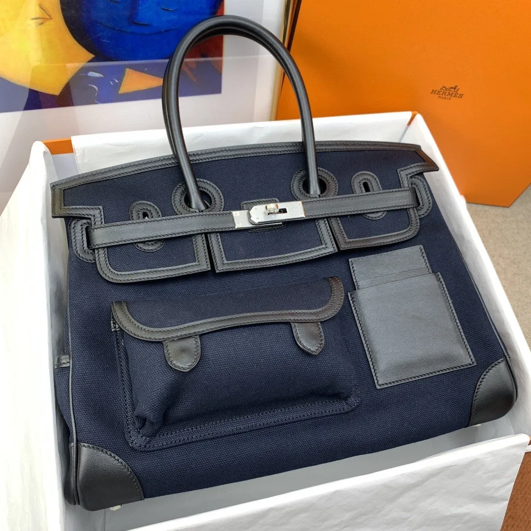 Hermes Birkin Cargo 35 Top Handle Bag / Navy Blue Silver Hardware - Image 3