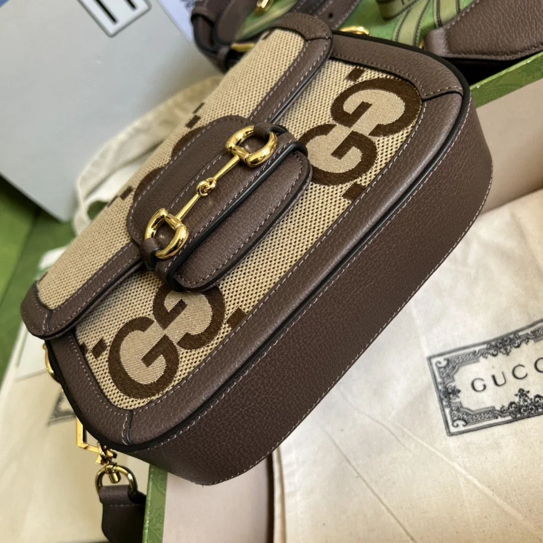 Gucci Horsebit 1955 Jumbo Mini Bag Camel And Ebony Jumbo GG Canvas / - Image 5