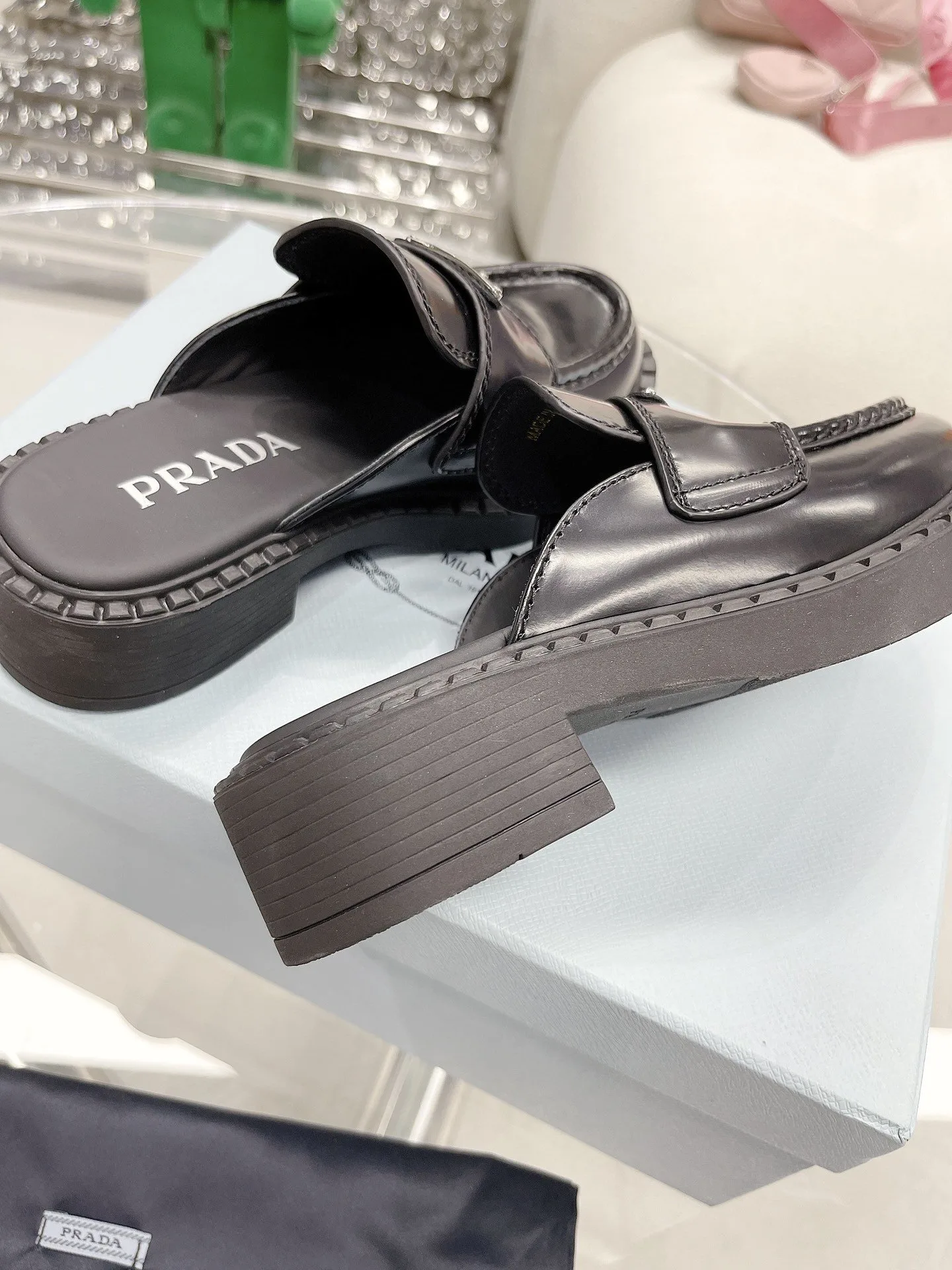 Alternative view of Prada Chocolate Brushed Mules Black / PRD
