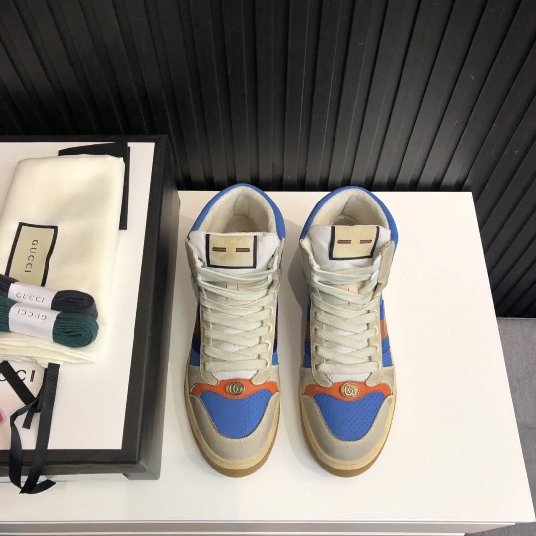 Gucci Women’s Screener Distressed High Top Beige Blue - Image 3
