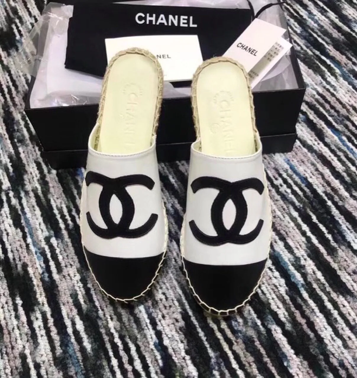 Chanel Mule Espadrille Slides White/Black , Shoes - Image 3