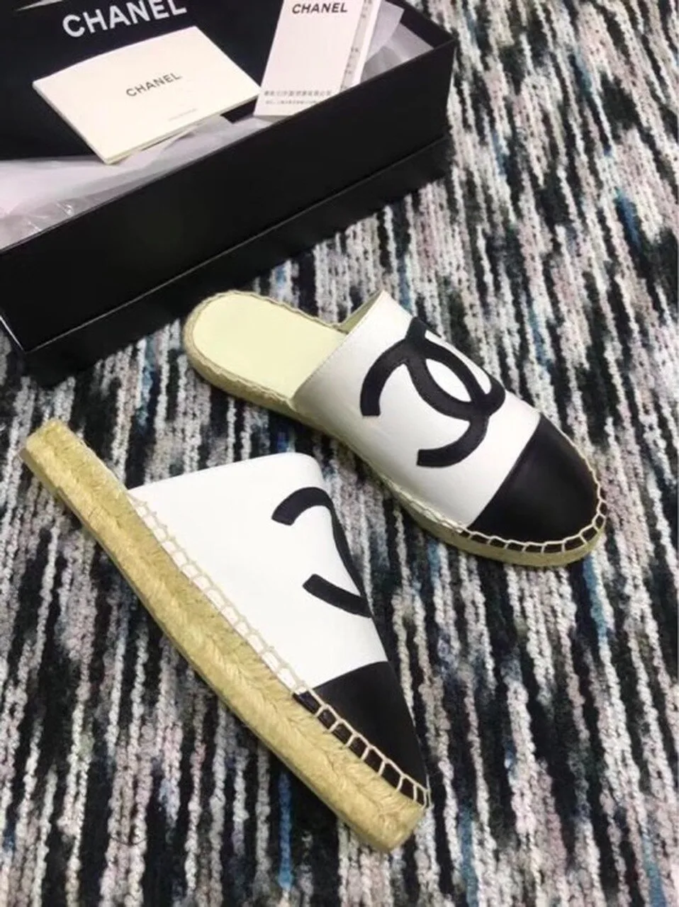 Chanel Mule Espadrille Slides White/Black , Shoes - Image 4