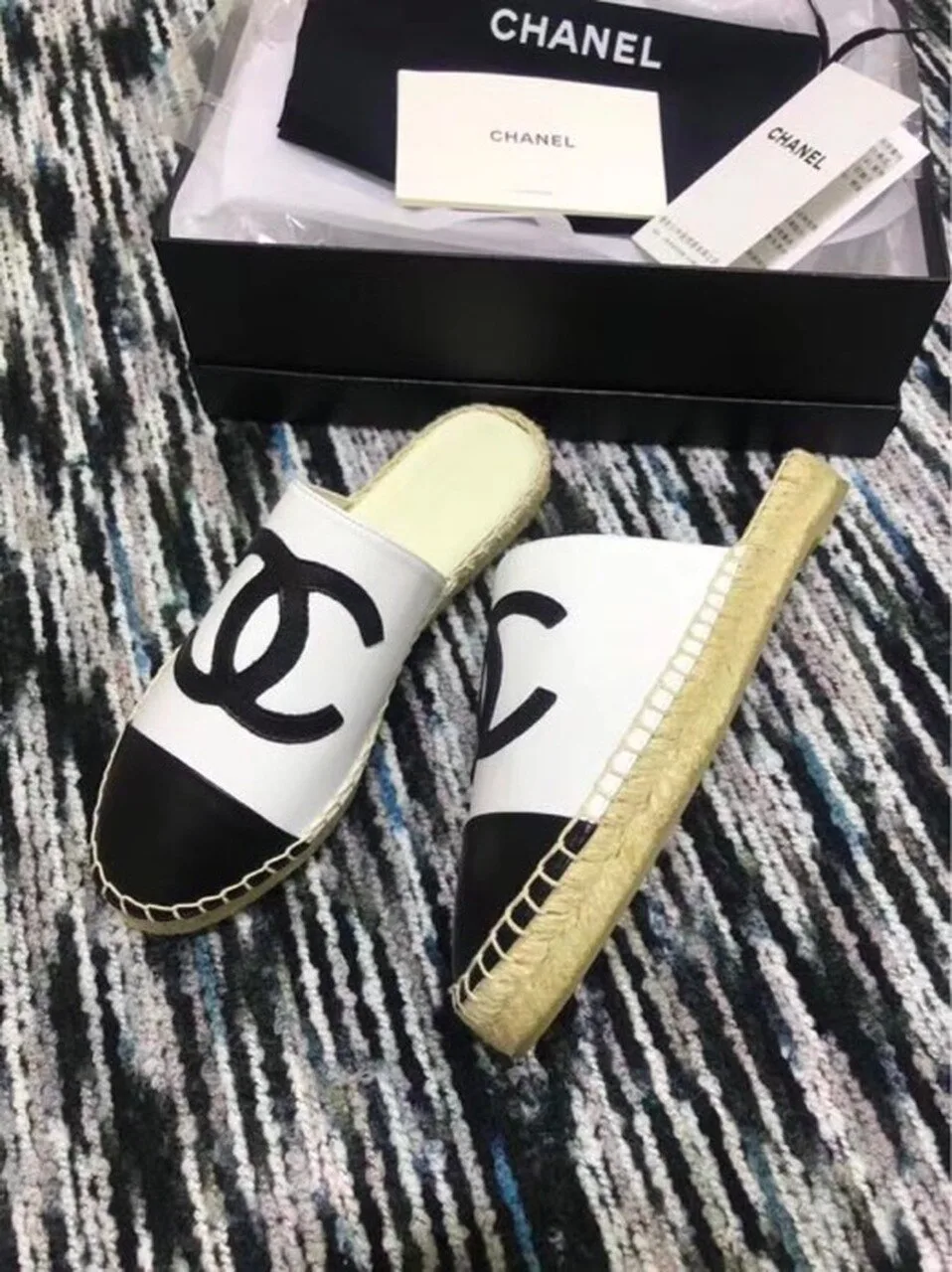Chanel Mule Espadrille Slides White/Black , Shoes - Image 5