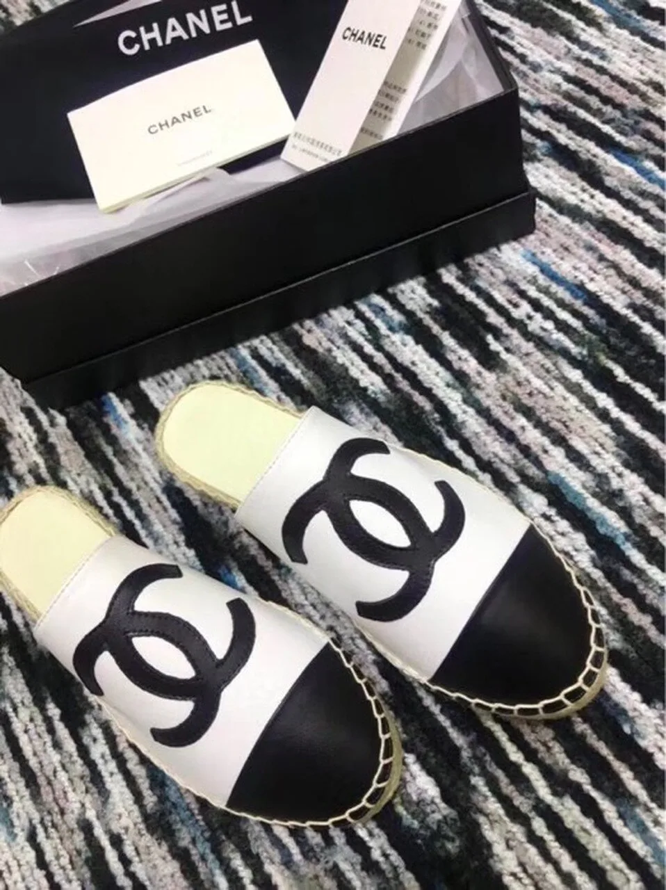 Chanel Mule Espadrille Slides White/Black , Shoes - Image 6
