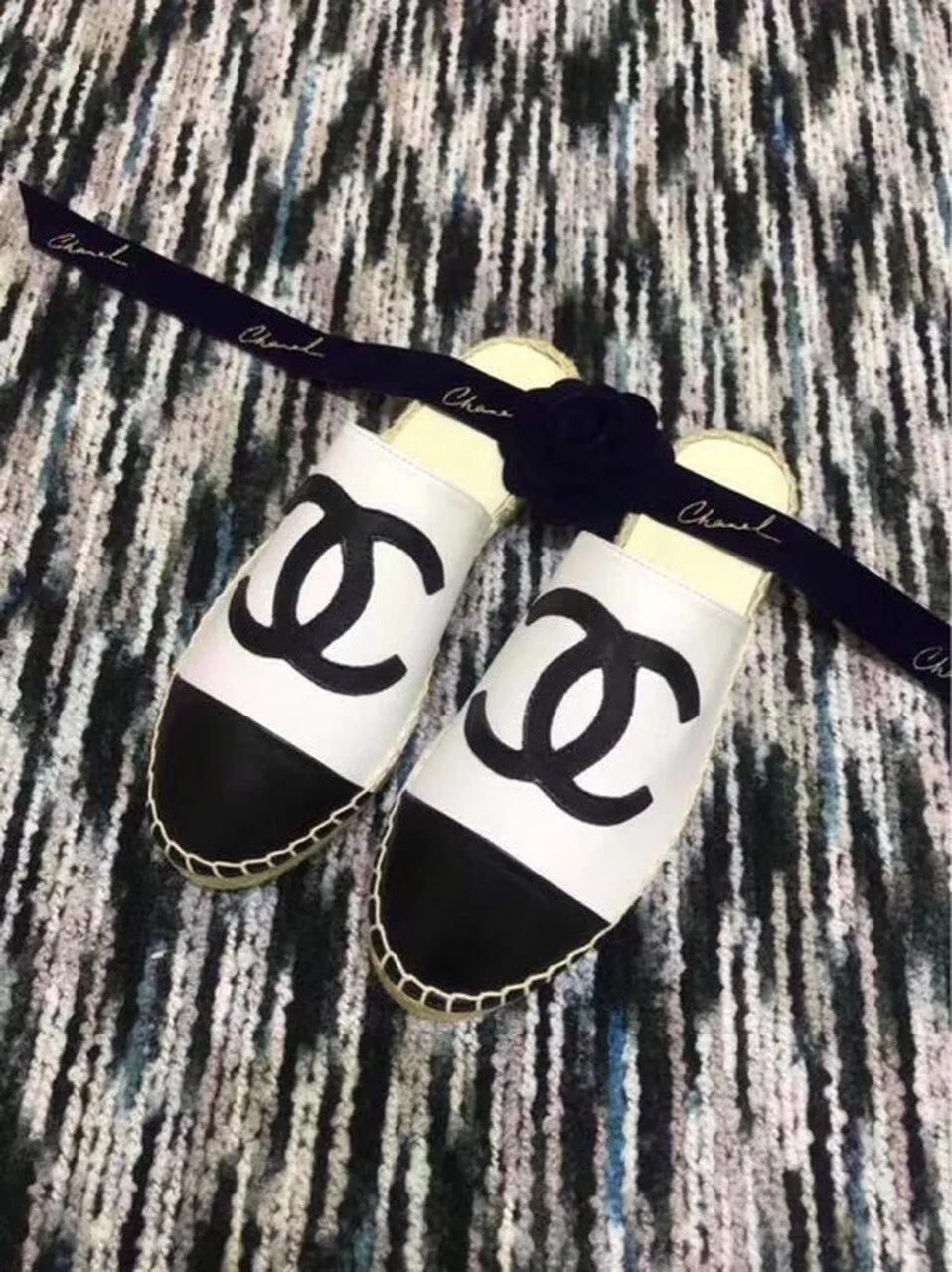 Chanel Mule Espadrille Slides White/Black , Shoes - Image 8